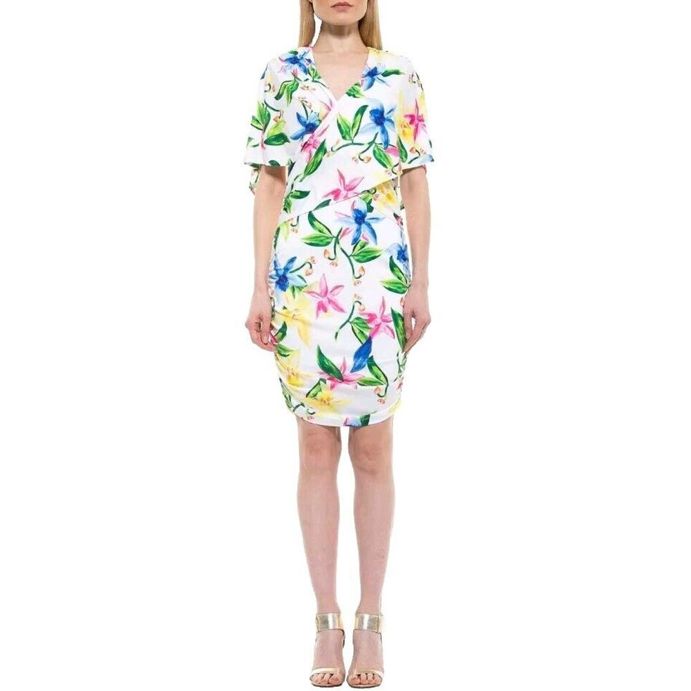 ALEXIA ADMOR Floral Overlay Wrap Sleeves Jersey Surplice Cocktail Dress